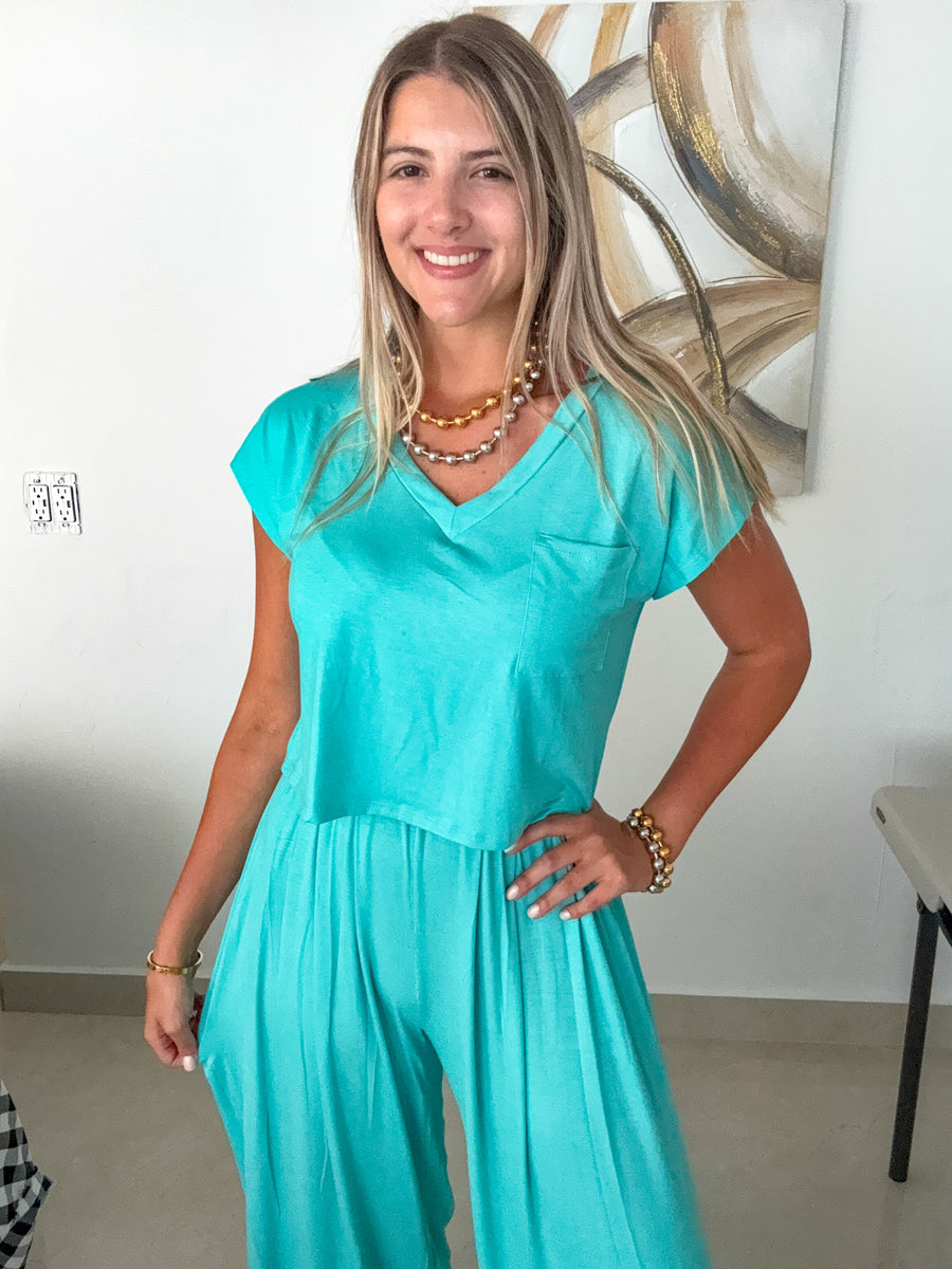 AQUA V-NECK TOP & WIDE LEG PANT SET