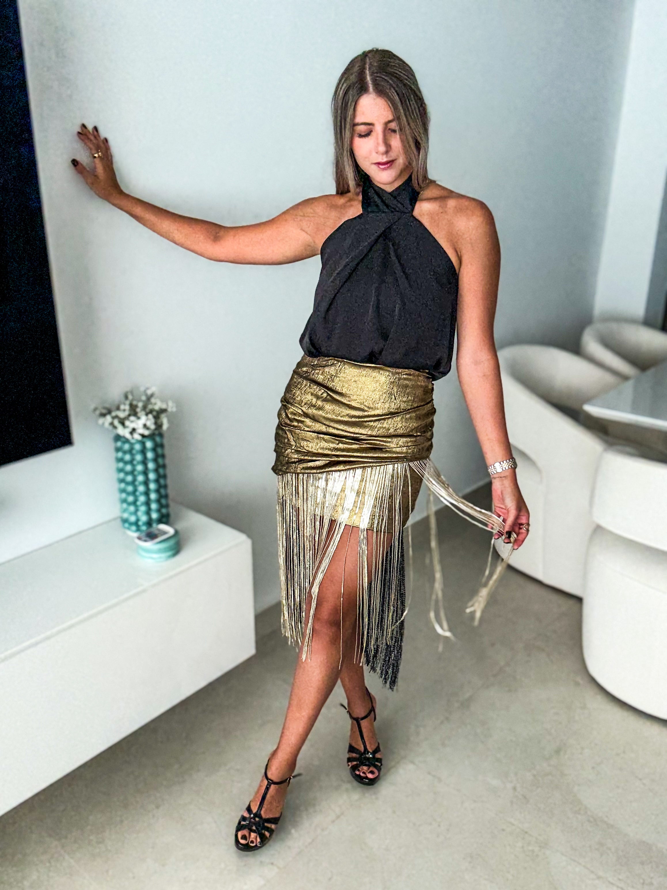 GOLD SEQUIN FRINGE SKIRT