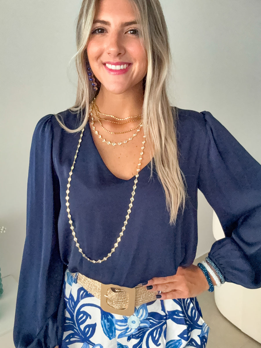 NAVY SILKY V-NECK BLOUSE