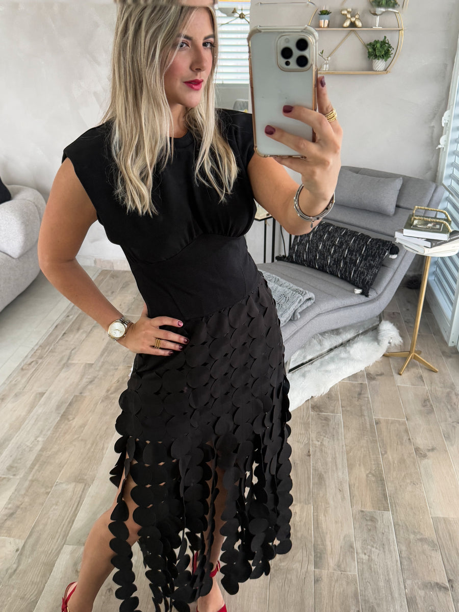 BLACK FRINGE MIDI SKIRT