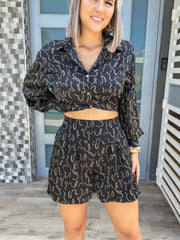 BLACK SATIN PRINT SHORTS