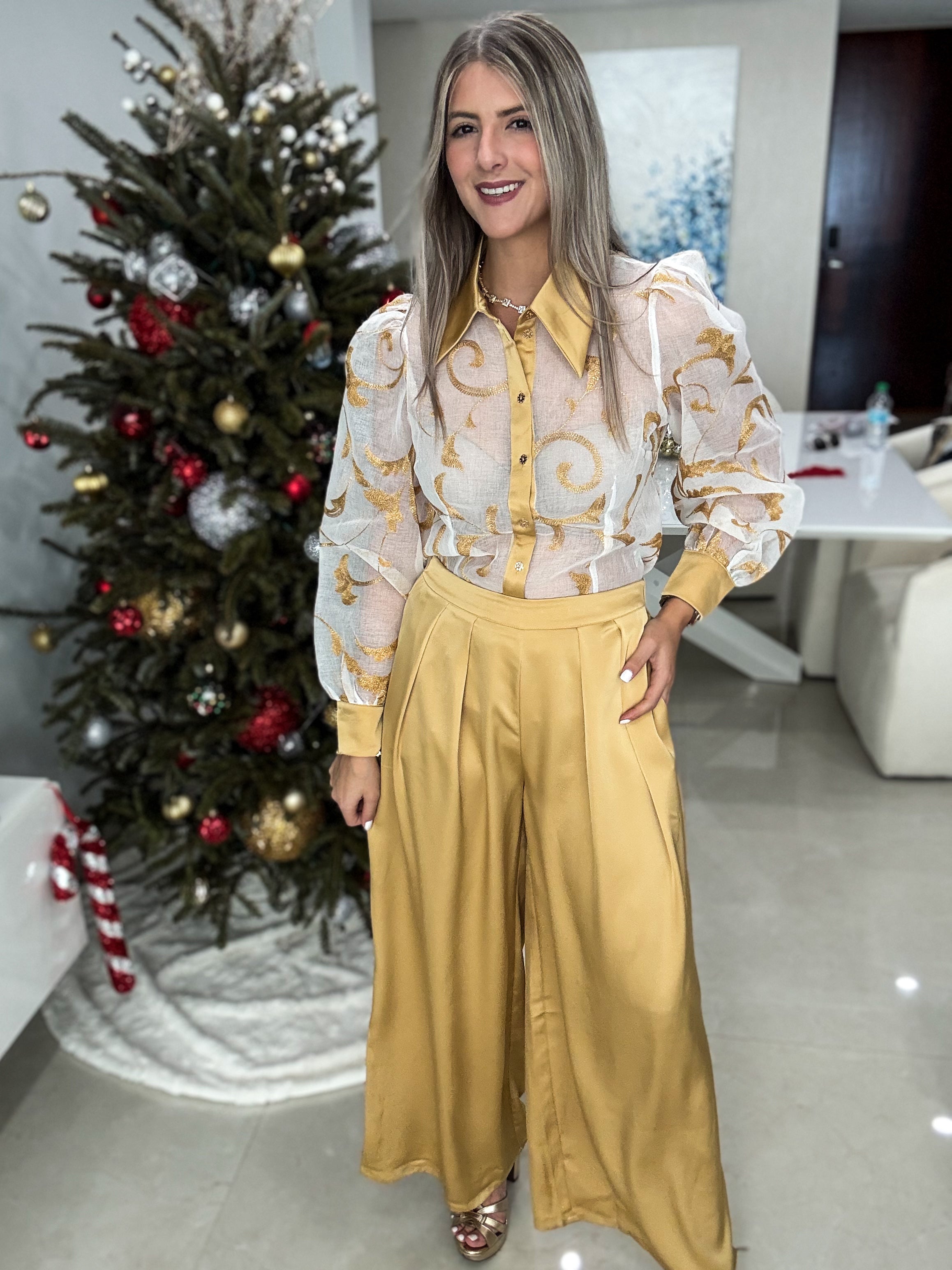 GOLD ORGANZA TOP & SATIN PANT SET