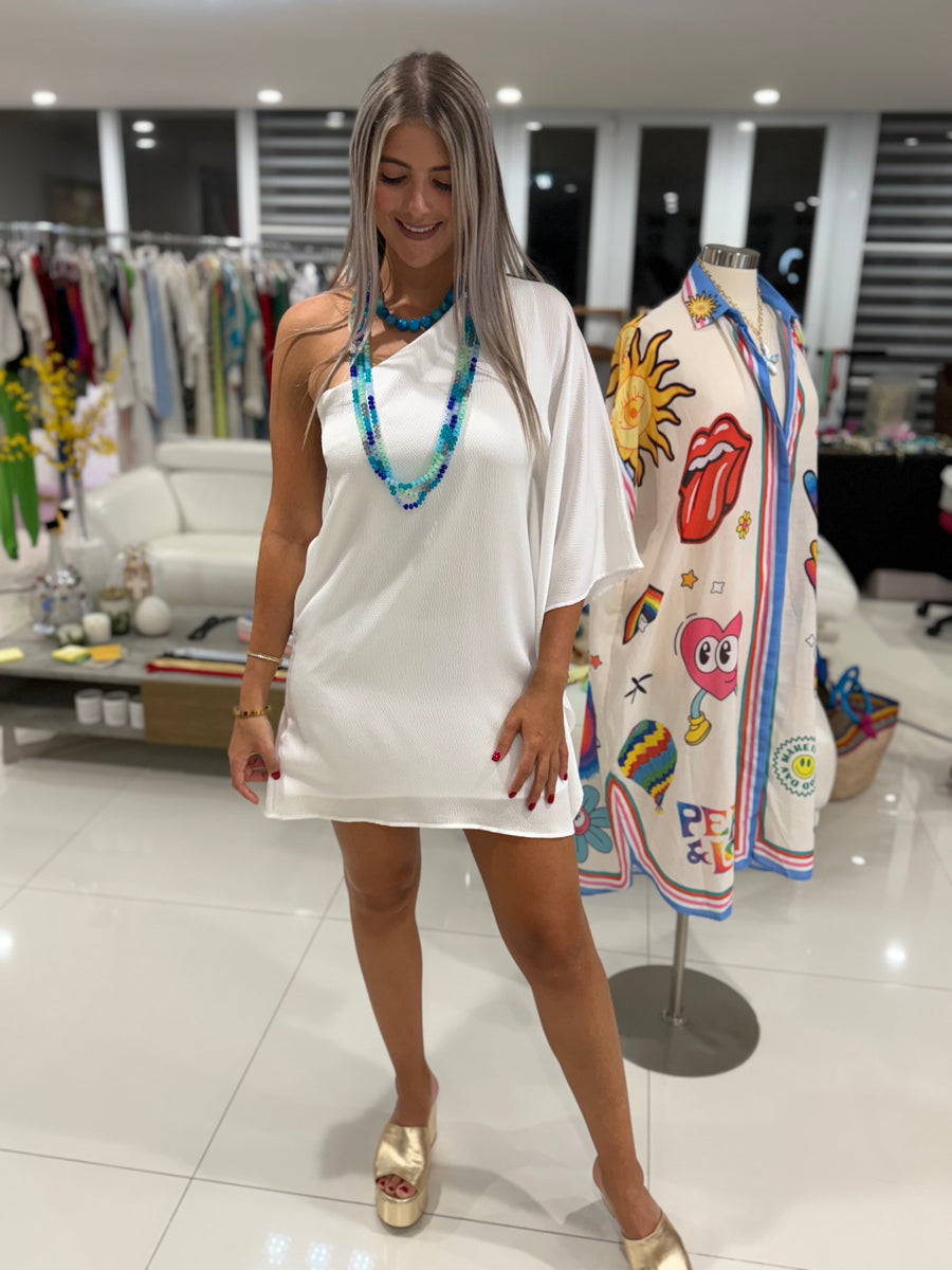 WHITE HAMMERED ONE SHOULDER SHORT DRESS