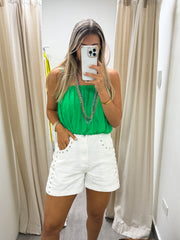 WHITE DENIM STUD SHORTS