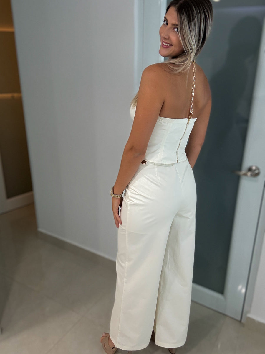 CREAM GOLD CHAIN ACCENT TOP & PANT SET