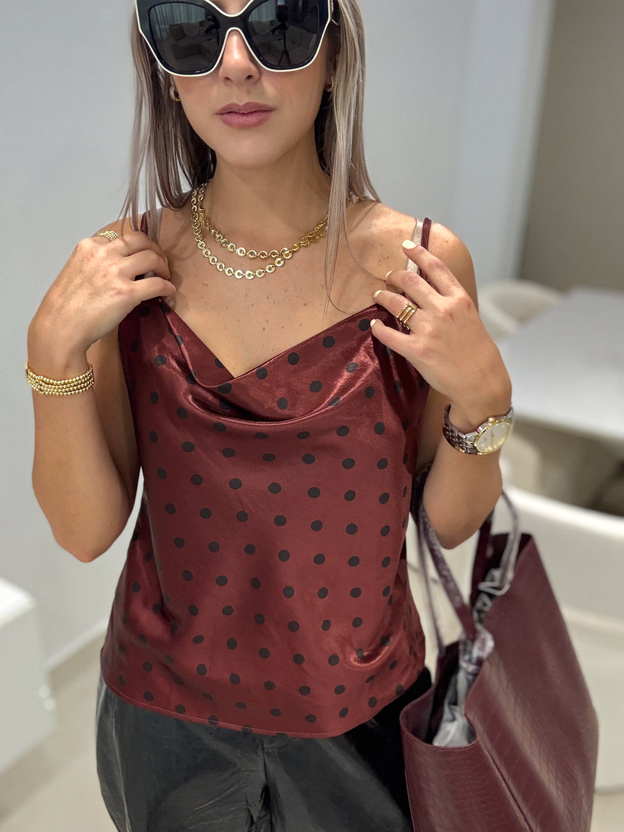 WINE SATIN POLKA DOT CAMI BLOUSE
