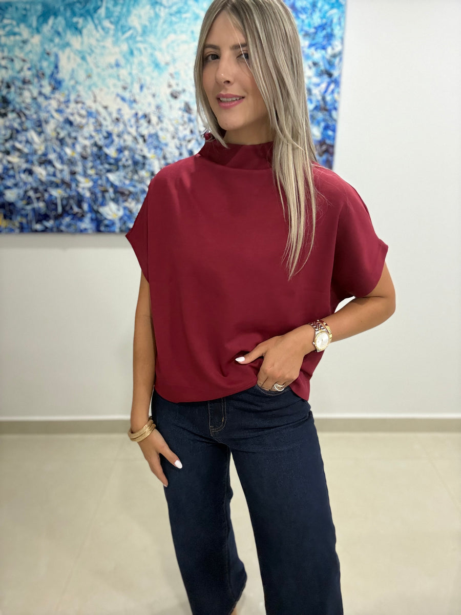 WINE MOCK NECK BLOUSE