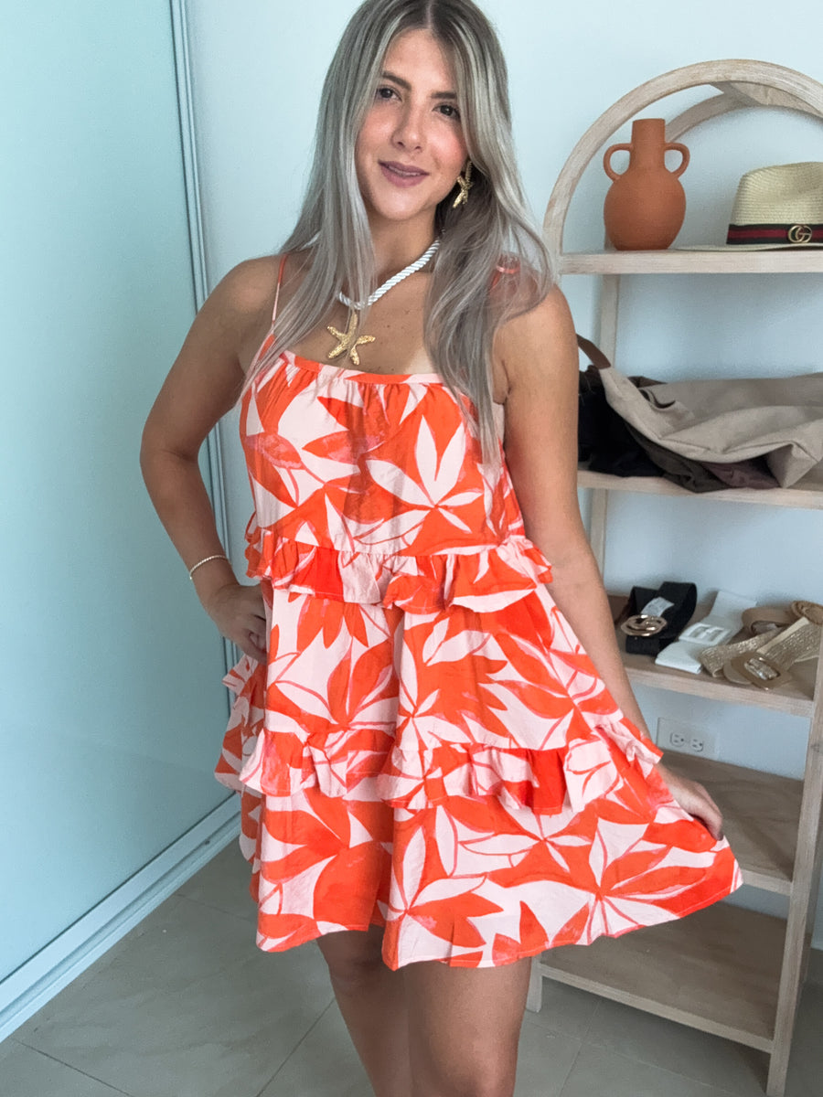 ORANGE PRINTED RUFFLE DRESS