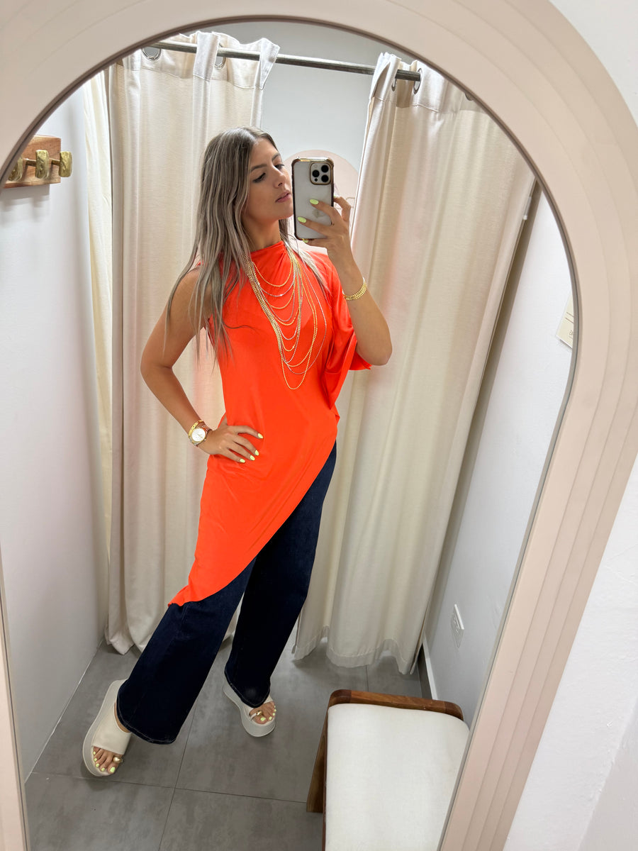 PIA NEON ORANGE ASYMMETRIC BLOUSE