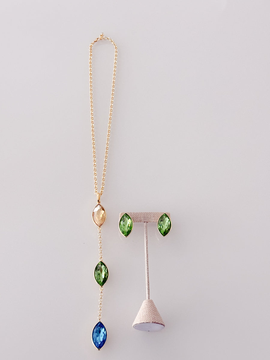 LONG GEM NECKLACE SET IN GREEN/BLUE