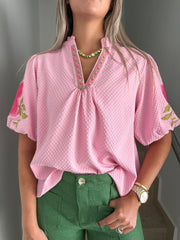 PINK FLOWER EMBROIDED BUBBLE SLEEVE BLOUSE