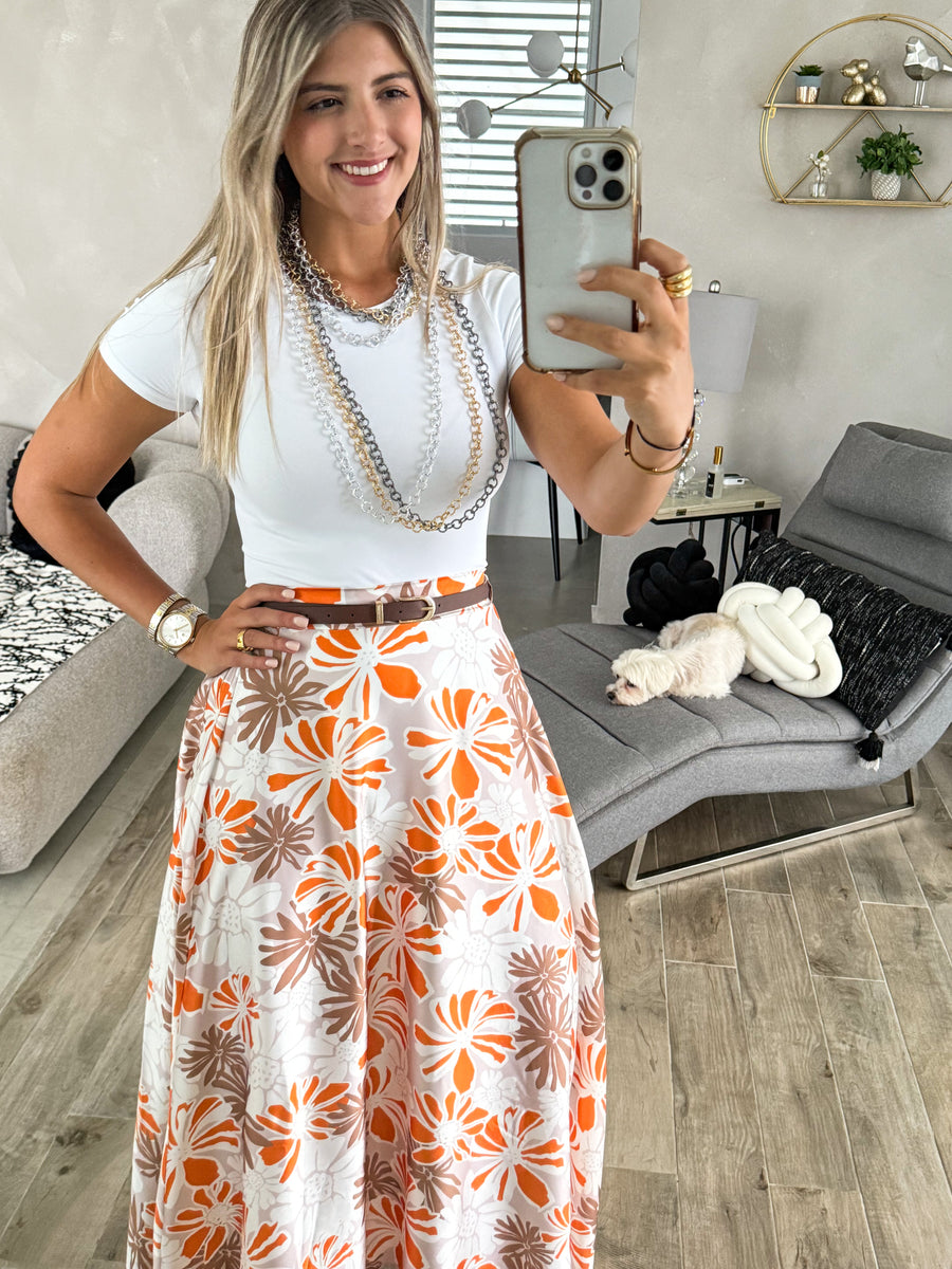 BEIGE/ORANGE BELTED FLORAL PRINT SKIRT