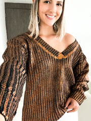 BRONZE V-NECK METALLIC SWEATER