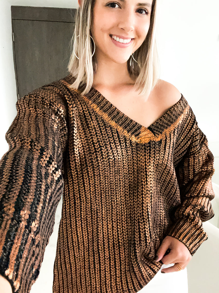 BRONZE V-NECK METALLIC SWEATER