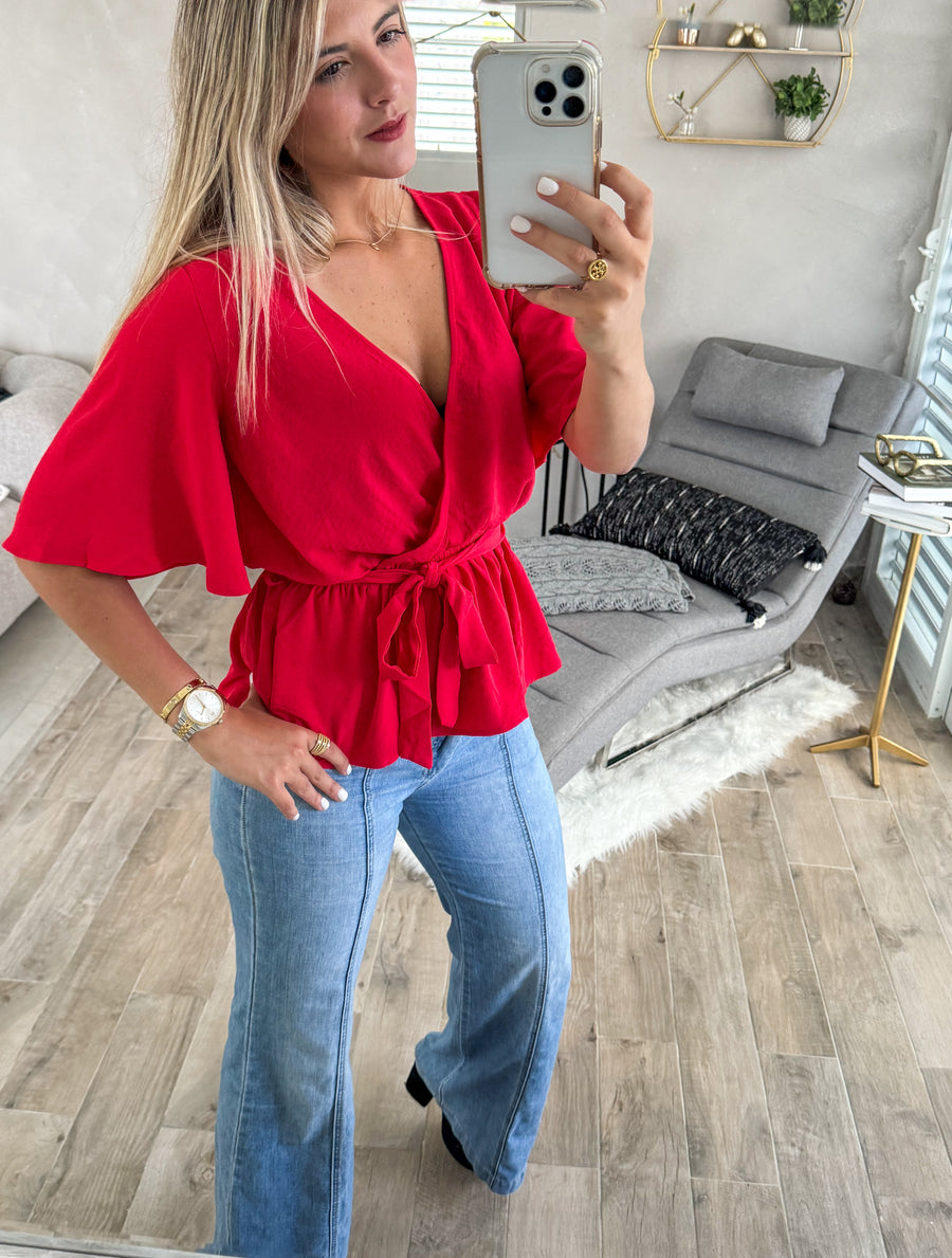 RED SURPLICE BLOUSE