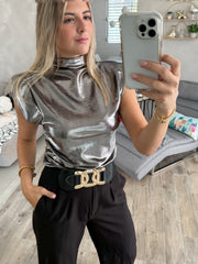 DARK GRAY METALLIC SHOULDER PADDED BLOUSE