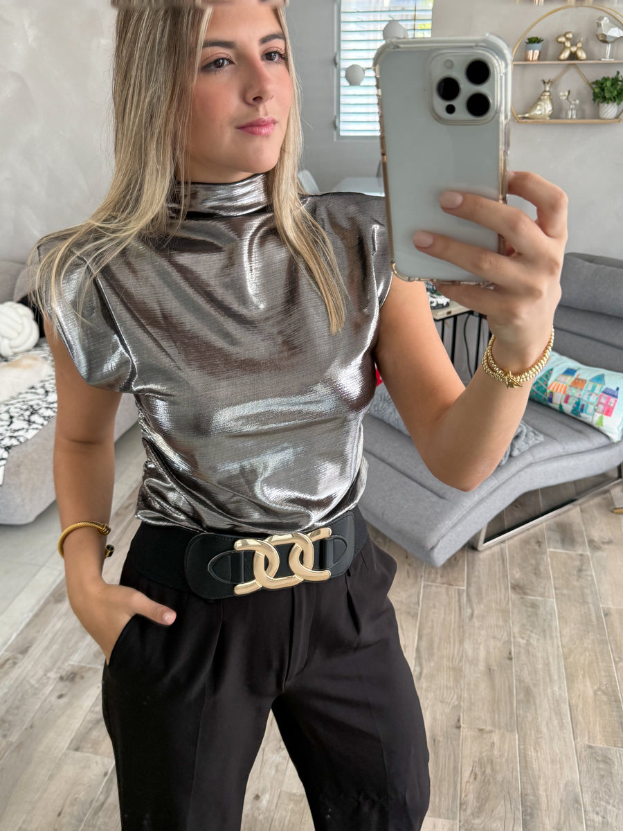 DARK GRAY METALLIC SHOULDER PADDED BLOUSE