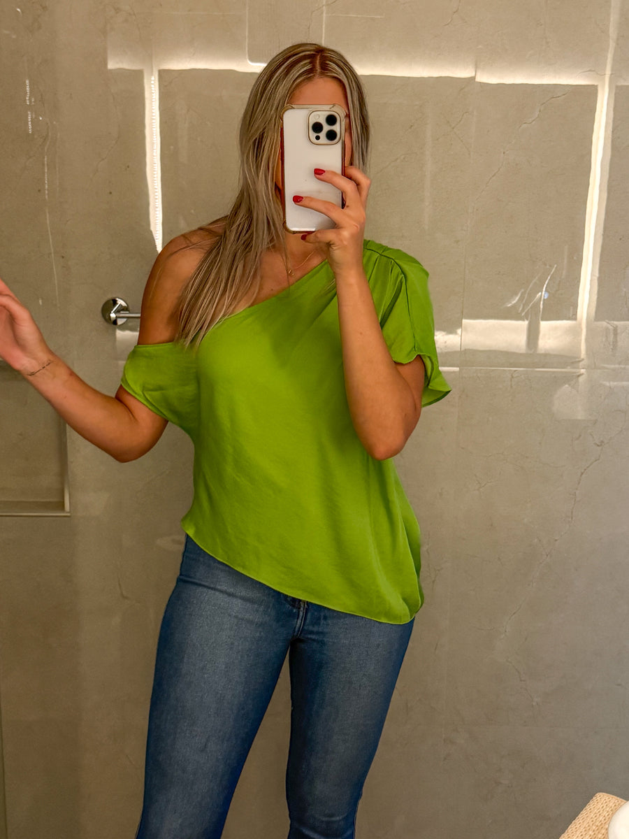 LIME OFF SHOULDER SATIN BLOUSE