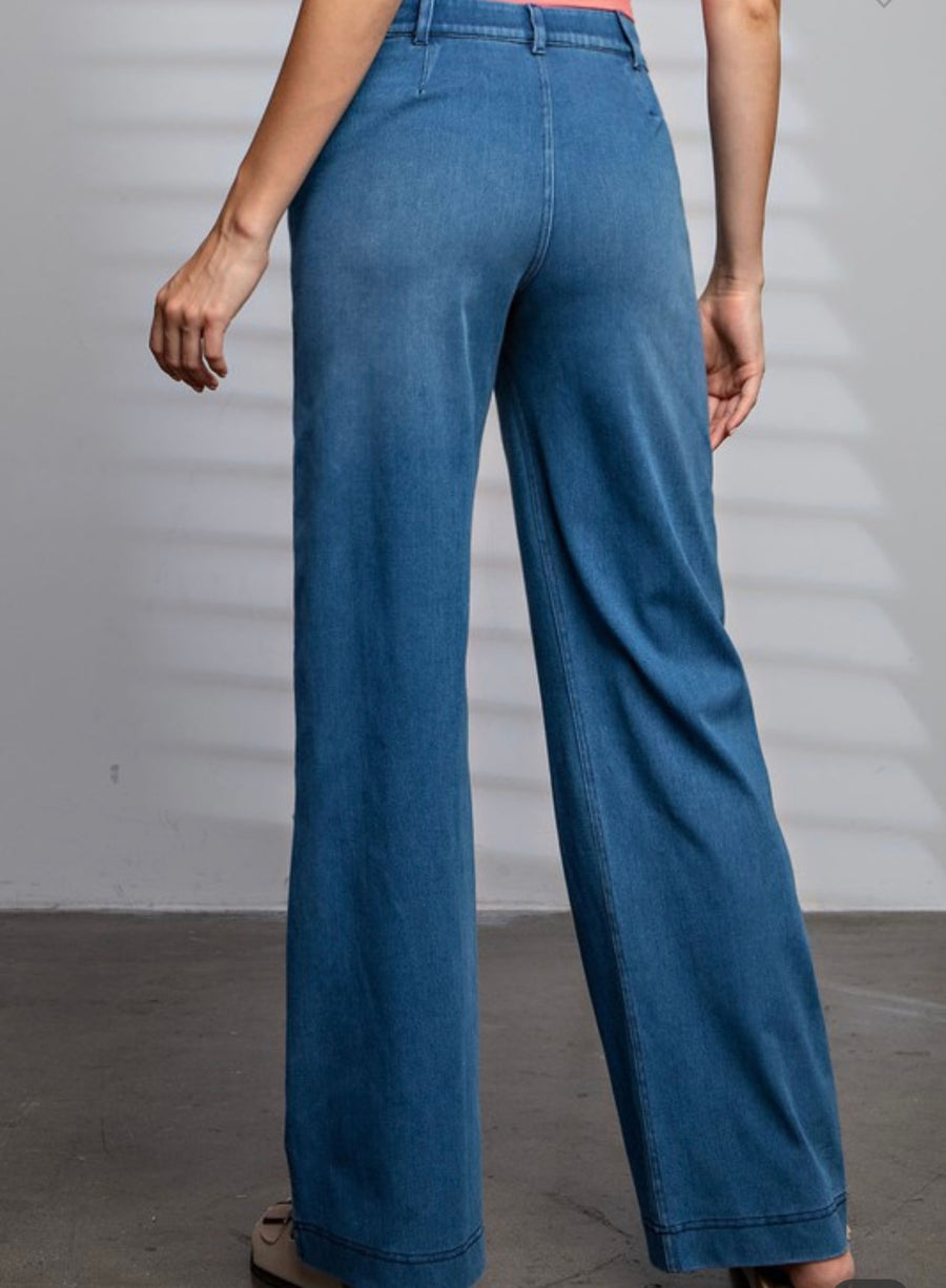 DENIM STRETCHY WIDE LEG PANT
