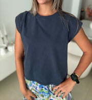 NAVY RIBBED CAP SLEEVE BLOUSE