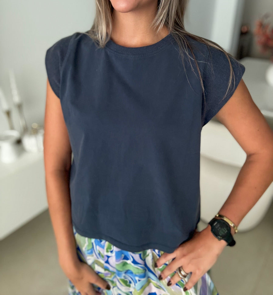 NAVY RIBBED CAP SLEEVE BLOUSE