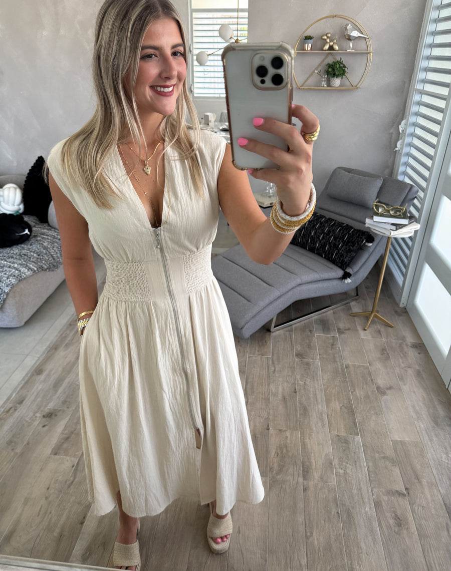 LINEN ZIPPER MIDI DRESS