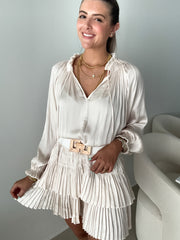 CREAM SATIN PLEATED BOTTOM SHORT DRESS