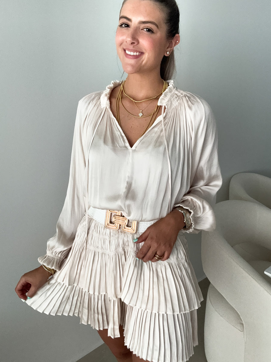 CREAM SATIN PLEATED BOTTOM SHORT DRESS