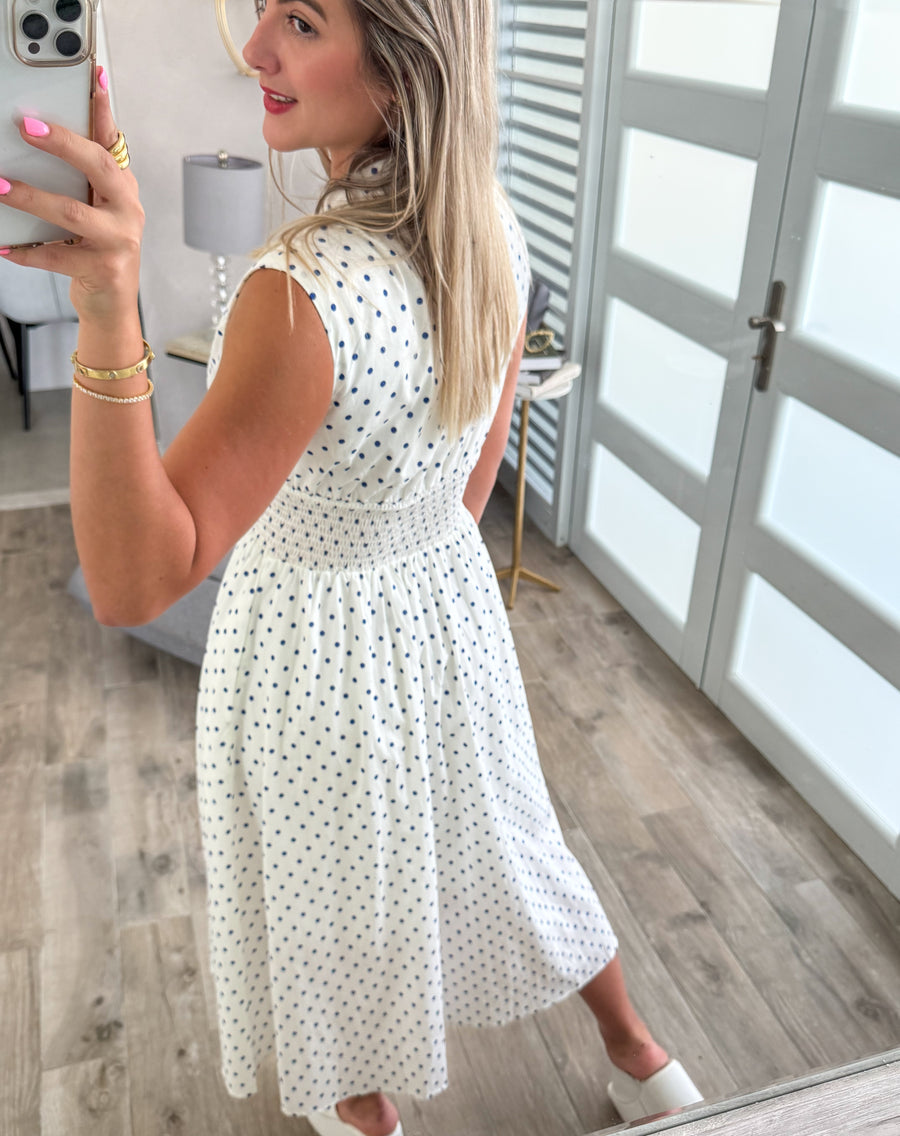 CREAM BLUE POLKA DOT ZIPPER DRESS