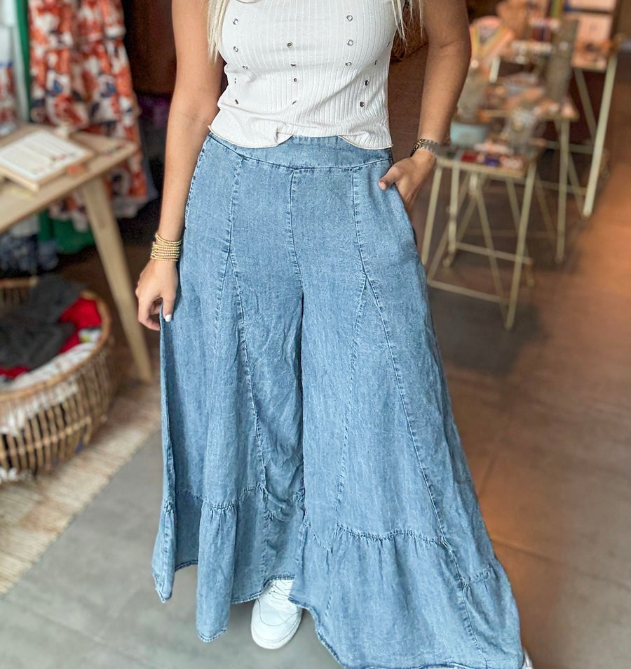 DENIM RUFFLE PALAZZOS