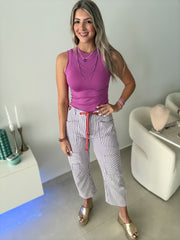 PURPLE STRIPED BARREL PANTS