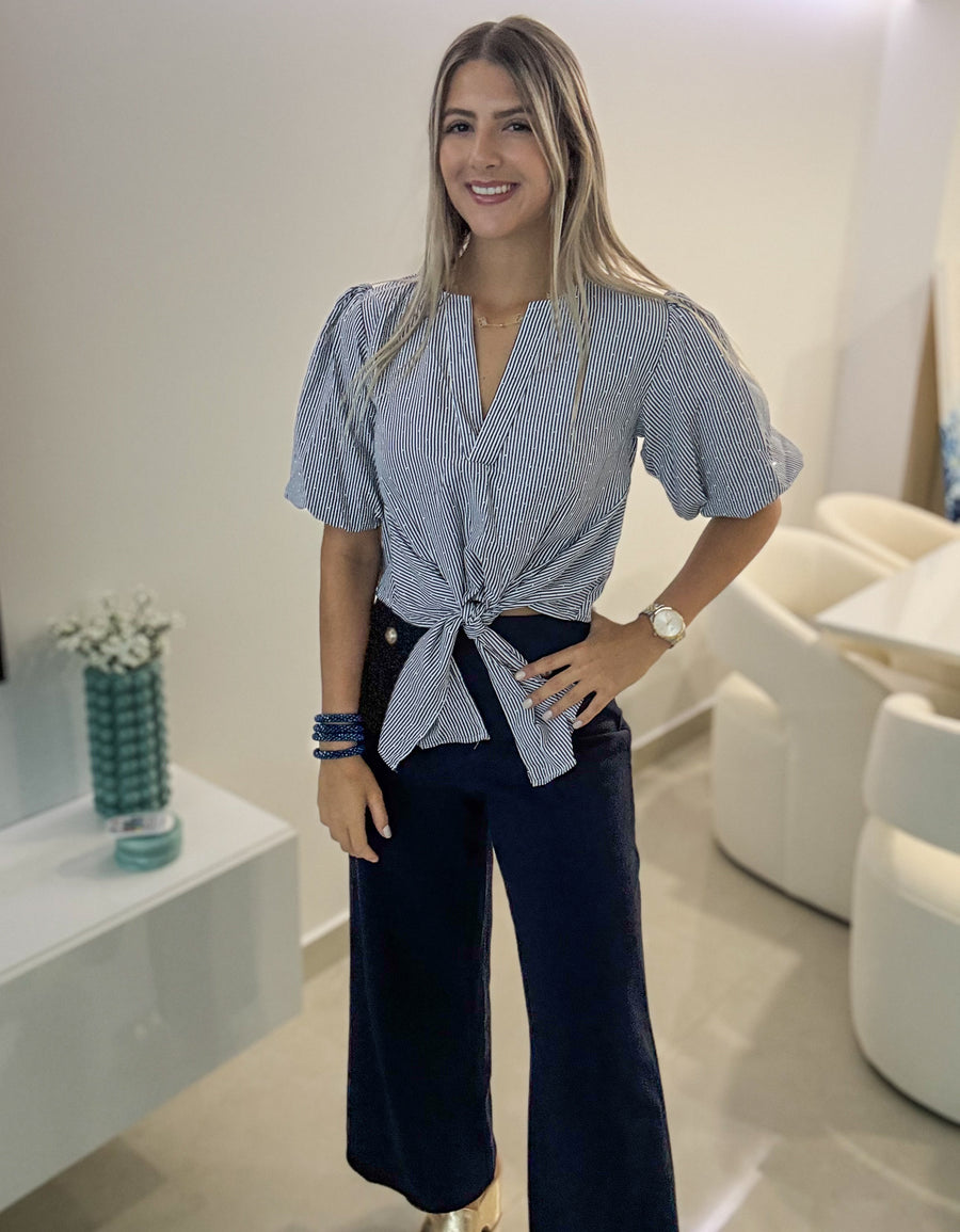 NAVY STRIPED RHINESTONES TIE-FRONT BLOUSE