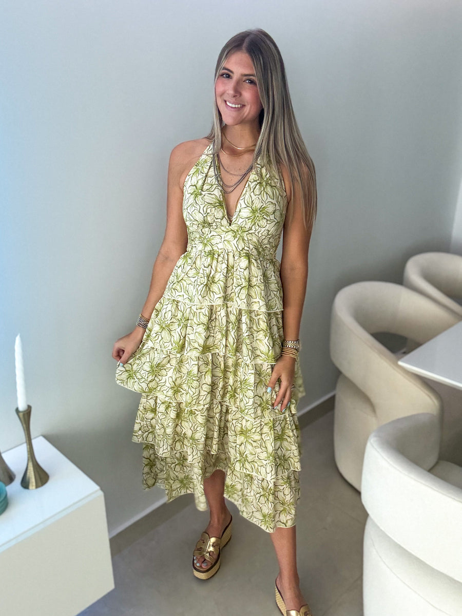 GREEN HALTER PRINTED MIDI DRESS