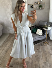 BLUE/WHITE STRIPED ZIPPER MIDI DRESS