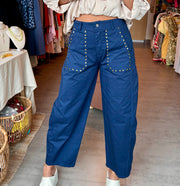 BLUE STUDDED BARREL PANTS