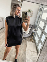 BLACK SATIN MOCK NECK SHOULDER PADDED DRESS