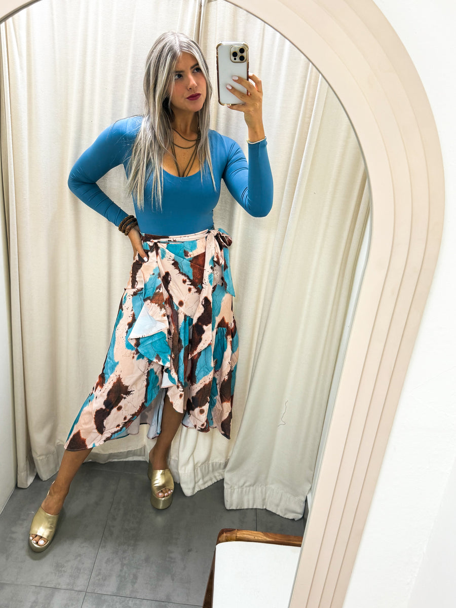 TEAL/BROWN TIE DYE WRAP AROUND SKIRT