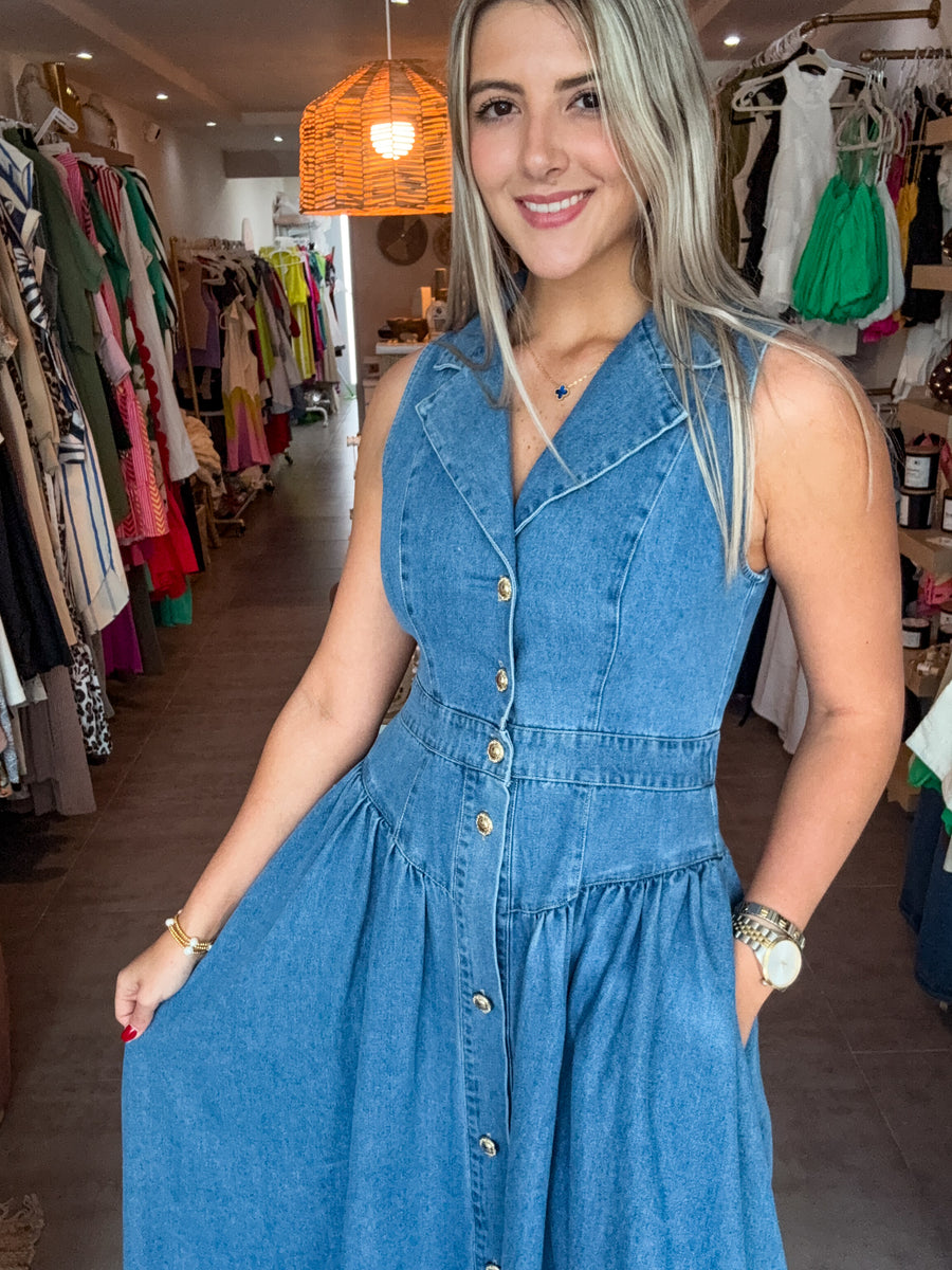 DENIM COLLAR MIDI DRESS