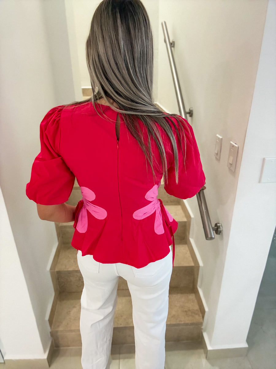 RED/PINK FLOWER DETAIK BLOUSE