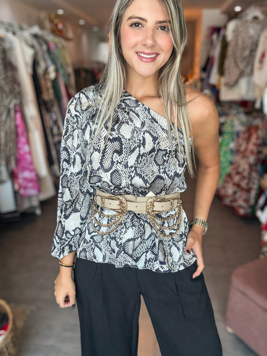 ONE SHOULDER SNAKE PRINT BLOUSE