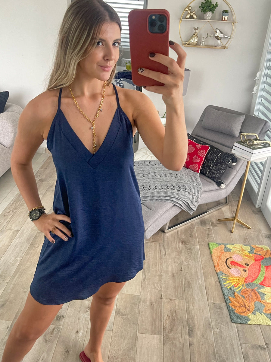 NAVY SATIN V-NECK CAMI DRESS