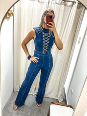 DENIM BLUE CHAINS STRETCHY GLAM JUMPSUIT