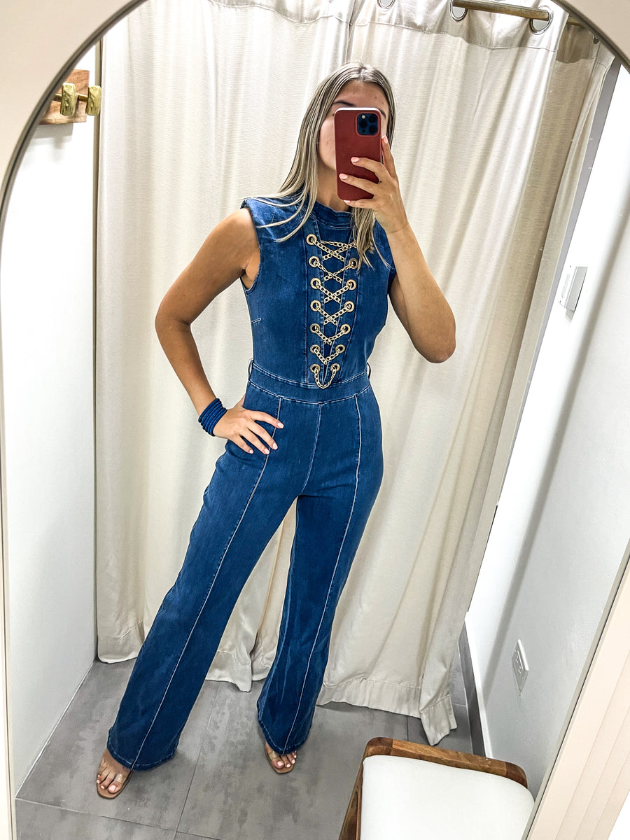 DENIM BLUE CHAINS STRETCHY GLAM JUMPSUIT