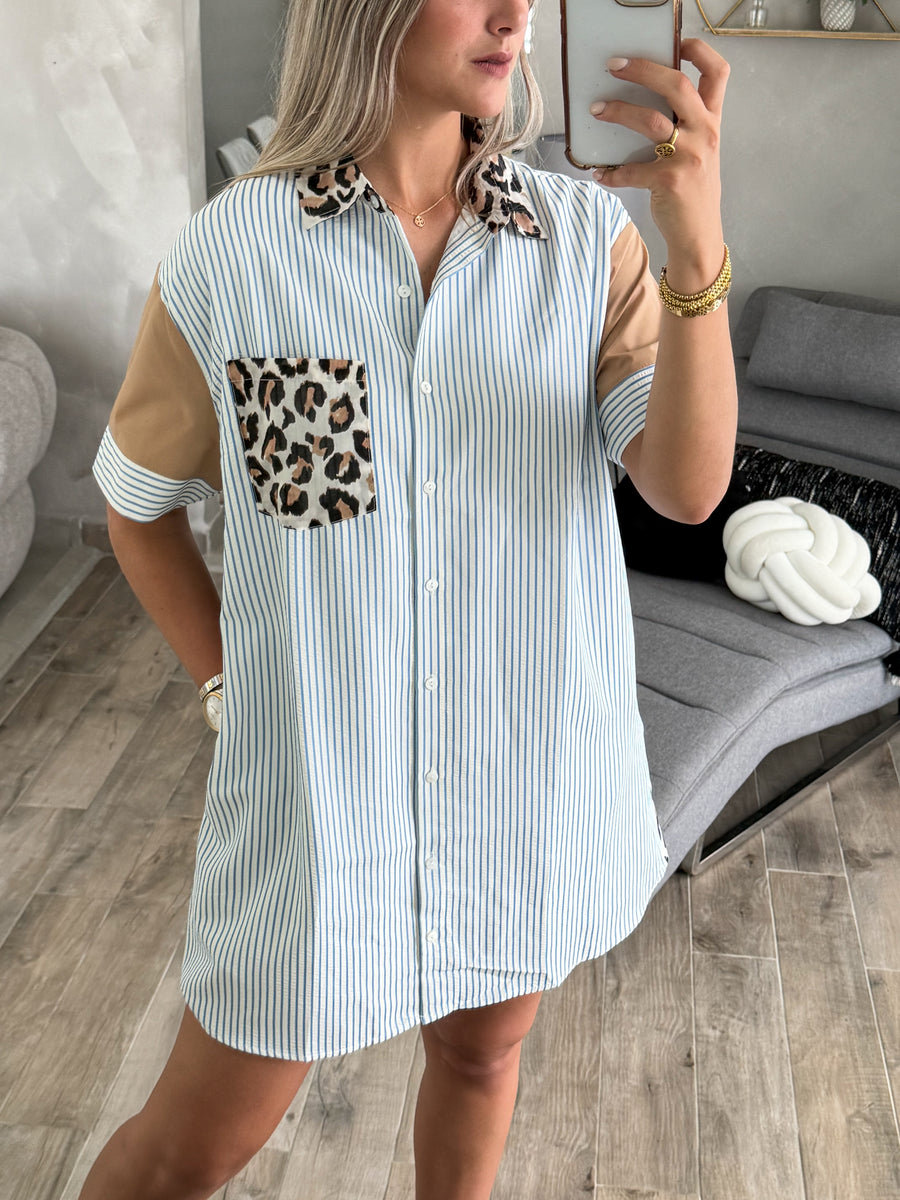 LEOPARD/BLUE SHORT SLEEVE DRESS
