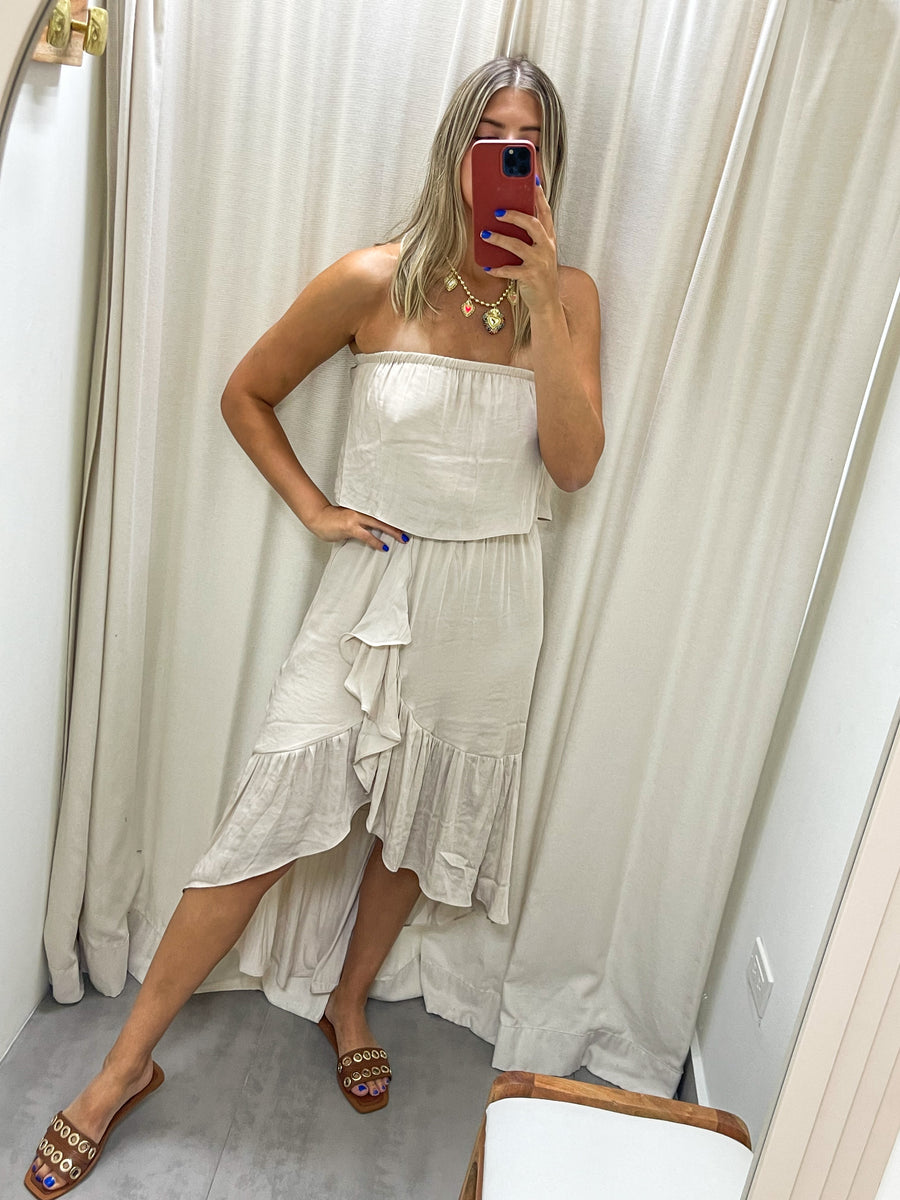 BONE WHITE SATIN HIGH LOW DRESS