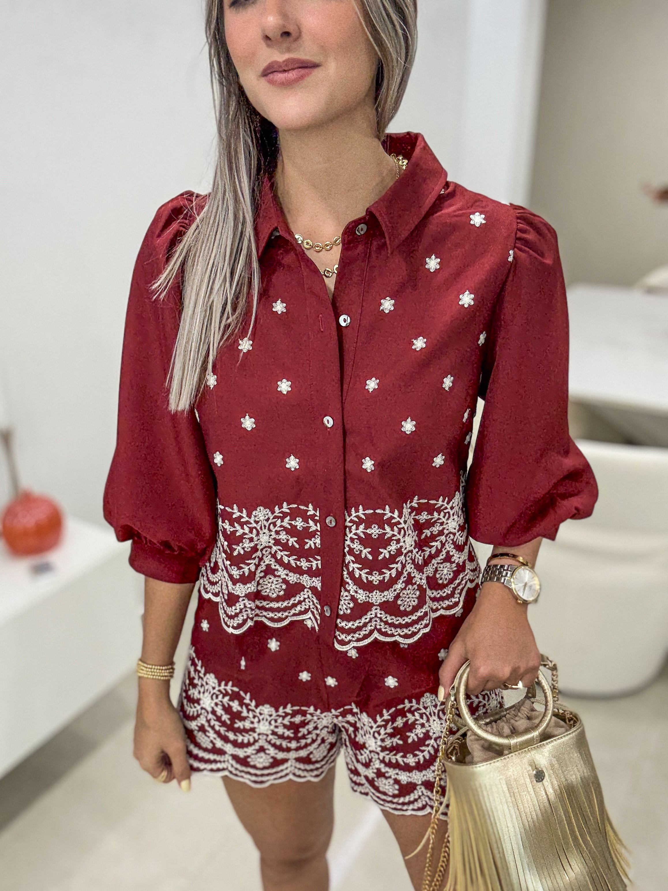 WINE EMBROIDED LONG SLEEVE BLOUSE