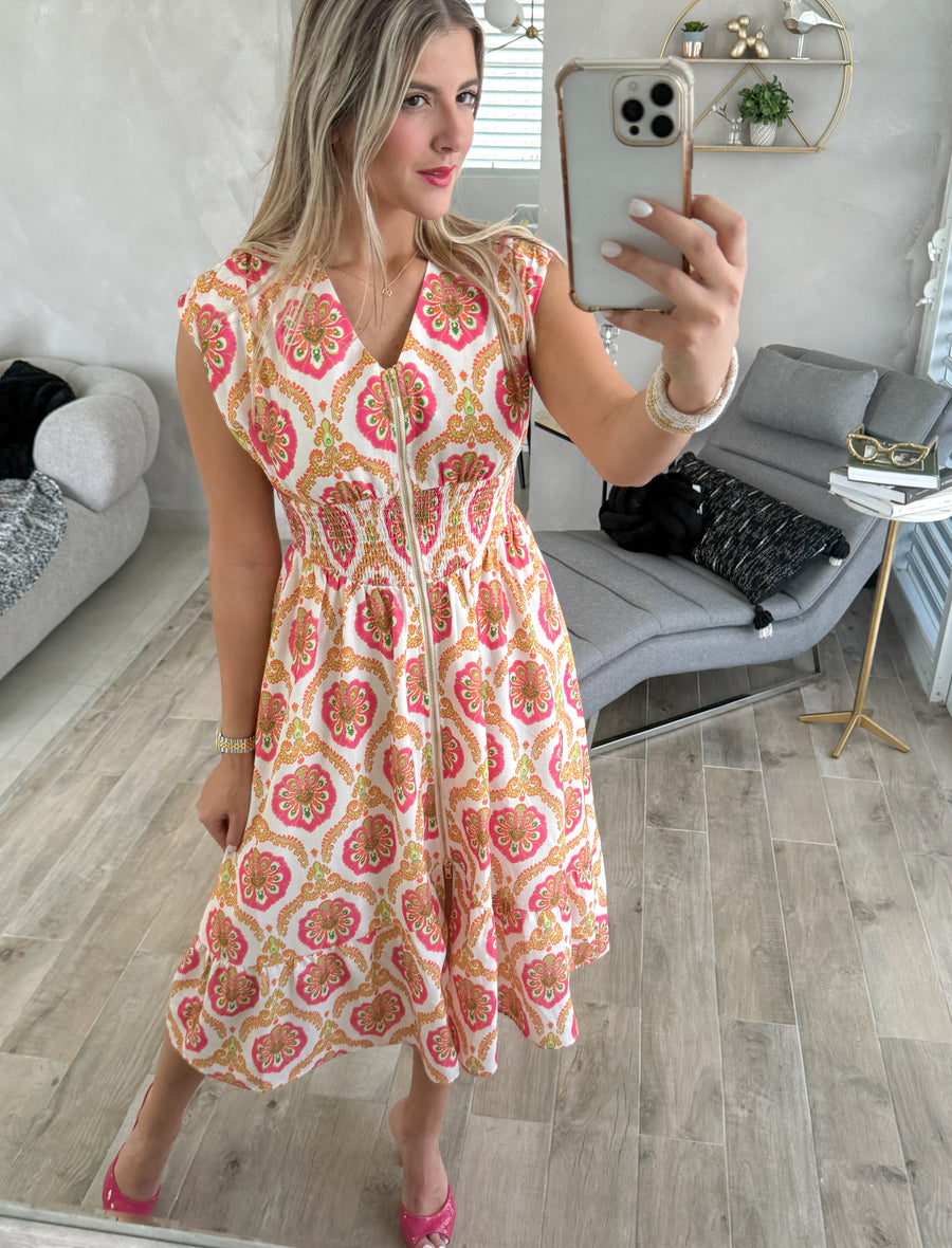 NEON PRINT ZIPPER MIDI DRESS