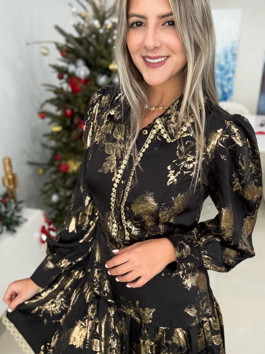 BLACK/GOLD SATIN LONG SLEEVE SHORT DRESS
