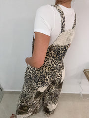 STRETCHY LEOPARD DENIM PATCHORK OVERALL JUMPSUIT