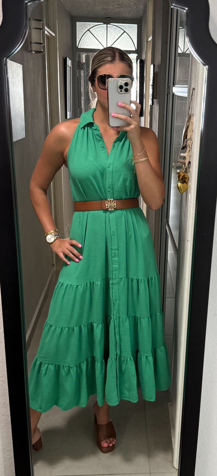 GREEN HALTER SLEEVELESS MIDI DRESS